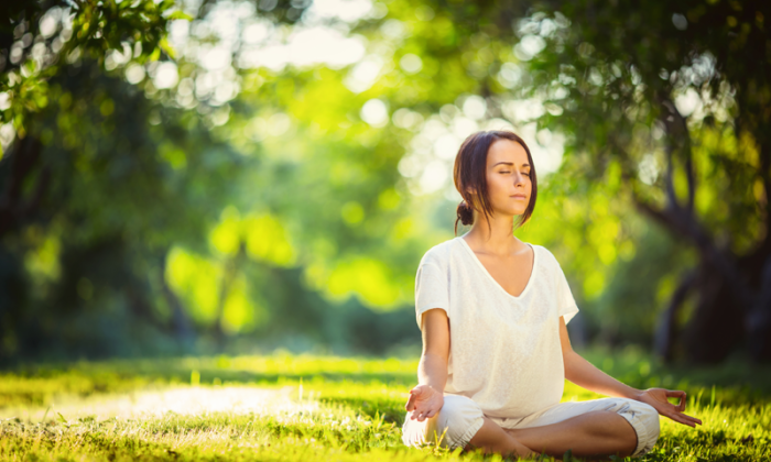 Yoga stress business break woman lotus wellness relax ways emotional work future position outside office building stock worksite health meditate